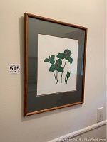 Framed botanical lithograph print hung on wall with dark green mat and wooden frame.