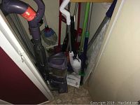 Photo showing corner closet with Shark upright vacuum, Bissell sweeper, and various mops, brooms alongside other cleaning tools.