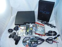 Full lot including PlayStation 2 and PlayStation 3 consoles, six video games, one controller, AV, HDMI and power cords.