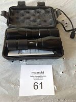 Two black expandable flashlights placed inside a black foam-lined carrying case with wrist strap.