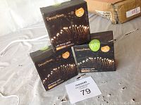 Three boxes of DecorNova LED string lights stacked on a surface with a MaxSold tag.