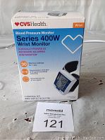 Photo showing the box of CVS Health Series 400W Blood Pressure Wrist Monitor with features and specifications.
