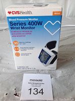 Box for CVS Health Series 400W Blood Pressure Wrist Monitor showing front branding and product details.