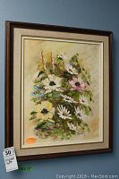 Framed original floral painting signed Strandberg, showing full artwork and frame.