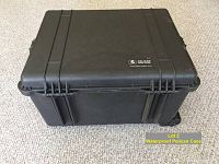 Closed black Pelican case shown from the front with latches secured.