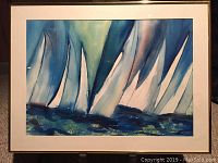 Full front view of framed watercolor painting showing sailboats and mat