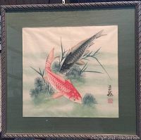 Full view of the square framed watercolor painting showing two koi fish and aquatic plants, with signature and red seal on bottom right.
