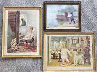 Three framed children's prints together: one larger of a child with a doll stroller, one medium showing a girl and lamb inside a house, and a smaller print of a boy with a toy sailboat by water.