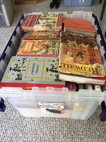 Plastic bin filled with assorted books, some large illustrated volumes visible on top.