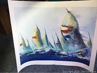 Unframed print showing abstract sailboats with colorful sails in dynamic brush strokes, curved bottom edge visible.