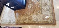 Photo of large rectangular area rug under furniture showing floral pattern and border details.