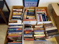 Wide view of four cardboard boxes filled with assorted books with visible titles including fantasy, fiction, and classic literature.