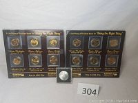 Two boxed sets of six presidential coins each, displayed in brown and black textured cases with gold lettering, with 'Doing the Right Thing' text and presidents' names and dates visible.