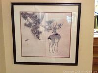 Framed signed original Asian art print showing deer under pine tree, complete view