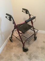 Front and side view of folding walker showing four wheels, hand grips with brakes, seat, and basket