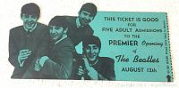 Front side of the ticket shows The Beatles photo and admission details for five adults, dated August 12th.