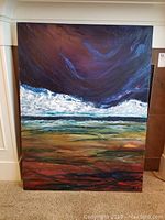 Full front view of the landscape oil painting showing the textured sky and colorful ground.