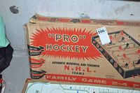 Close-up of original box showing 'PRO HOCKEY' title and NHL team names like Montreal and Toronto.