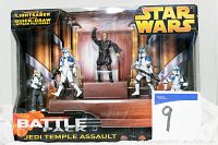 Front view of sealed Star Wars Battle Pack Jedi Temple Assault action figure set showing four stormtroopers and one Jedi character in packaging.
