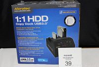 Front and side view of Aleratec 1:1 HDD Copy Dock product box showing product image, details, and USB 3.0 branding.