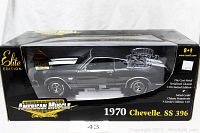 Front view of the boxed collectible 1970 Chevelle SS 396 diecast car showing the model inside the black Elite Edition box with clear display window.