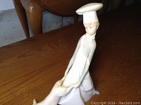 Full view of Lladro porcelain figurine showing chef and dog on wooden surface