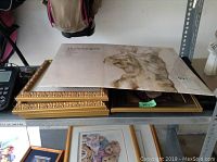 Shelf view of mixed framed and unframed prints including the Michelangelo drawing package, flat and partially covering ornate gold frames.
