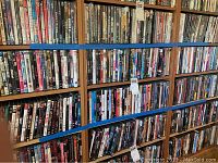 Two full shelves of DVD cases arranged vertically, showing a wide range of titles