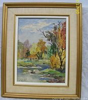 Frontal view of the gilt wood framed oil painting showing the full artwork, frame and mat, with signature visible.