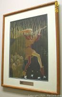 Front view of the framed print 'Piping the Tune' showing the Pied Piper figure and children in background, wooden frame and plaque visible.