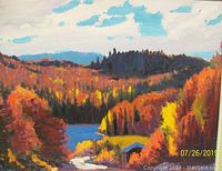 Close-up of the oil painting showing the vibrant autumn landscape with river and cabin.