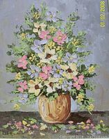 Close-up of the flower bouquet oil painting showing colorful flowers and signature.