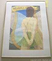Frontal photo of watercolor painting depicting figure in green skirt with banner "NEVERLAND" above