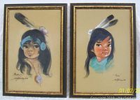 Framed pair of pastel portraits featuring Native American Indian children by Wallonee, 1969.