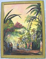 Full view of the framed oil painting depicting a tropical street scene with people, foliage, and palm trees in Nassau, Bahamas.