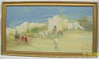 Framed landscape-orientation oil painting showing white domed building and walking figures