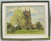 Framed oil painting on board showing a full view of the cathedral tower with trees and grassland under a cloudy sky.