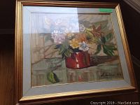 Framed acrylic painting on canvas with floral subject, signed 'L. Archer 01' in bottom right, showing wear and scratches.