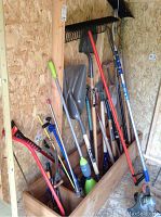Multiple garden tools arranged vertically in a wooden box and against a plywood wall inside a shed