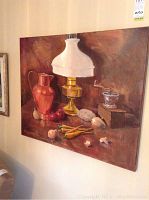 Large oil painting by Robert Allan featuring a still life composition of a white oil lamp, copper pitcher, brass items, and vegetables on a brown background.