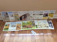 Photo showing all 14 watercolor paintings arranged on floor, displaying a variety of rural and winter landscapes with some plastic covers.