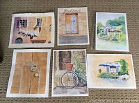 Overview of all six paintings showing varied outdoor and architectural scenes.