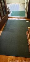 Large green entry mat placed on wooden floor near door, showing wear and soiling.