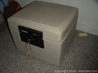Beige rectangular Sentry 1175 safe showing overall condition and size on carpeted floor.