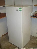 Front view of white Wood's upright freezer