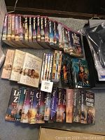 Full view of the books spread on the floor showing multiple series by both authors with titles visible