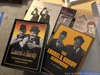 Photo of books about Laurel and Hardy including 'The Laurel & Hardy Scrapbook' and 'The Films of Laurel and Hardy'