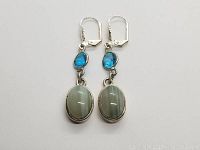 Front view of pair of drop earrings showing oval green Malachite and blue Aquamarine stones in 925 sterling silver.