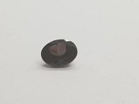 Close-up image of a dark purple oval faceted tourmaline gemstone on a white background, showing facets and reflective qualities.