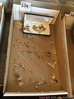 Full layout of costume jewelry including earrings, necklaces, and pins inside a cardboard box
